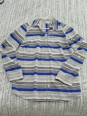 Kim Rogers Blue, Black & White Striped Women's Button-Down Blouse